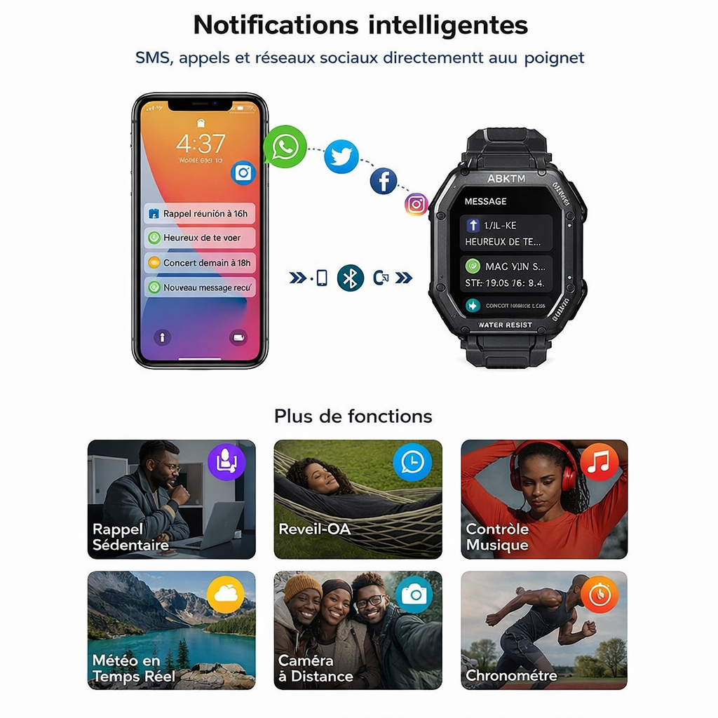 NKDSTORE™ – Montre Connectée Bluetooth (Notifications + Appels au Poignet)