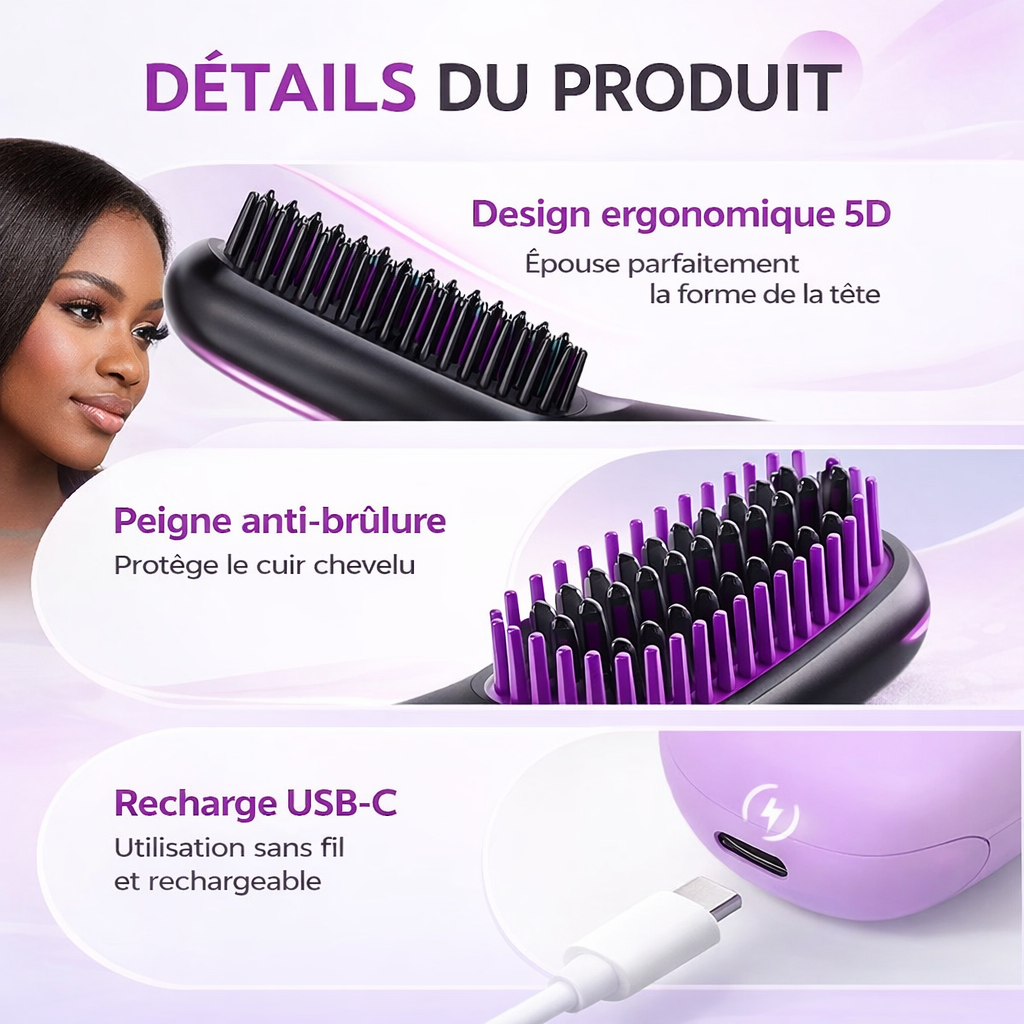 Brosse Lissante Sans Fil – Lissez Vos Cheveux ou Perruques en 5 Minutes